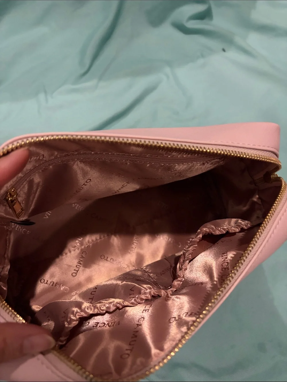 Vince Camuto Pink Floral Makeup Pouch with Gold Logo